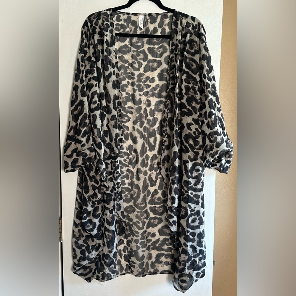Leopard Sheer Kimono Duster 2X Plus Size Boho Open Front Cardigan
